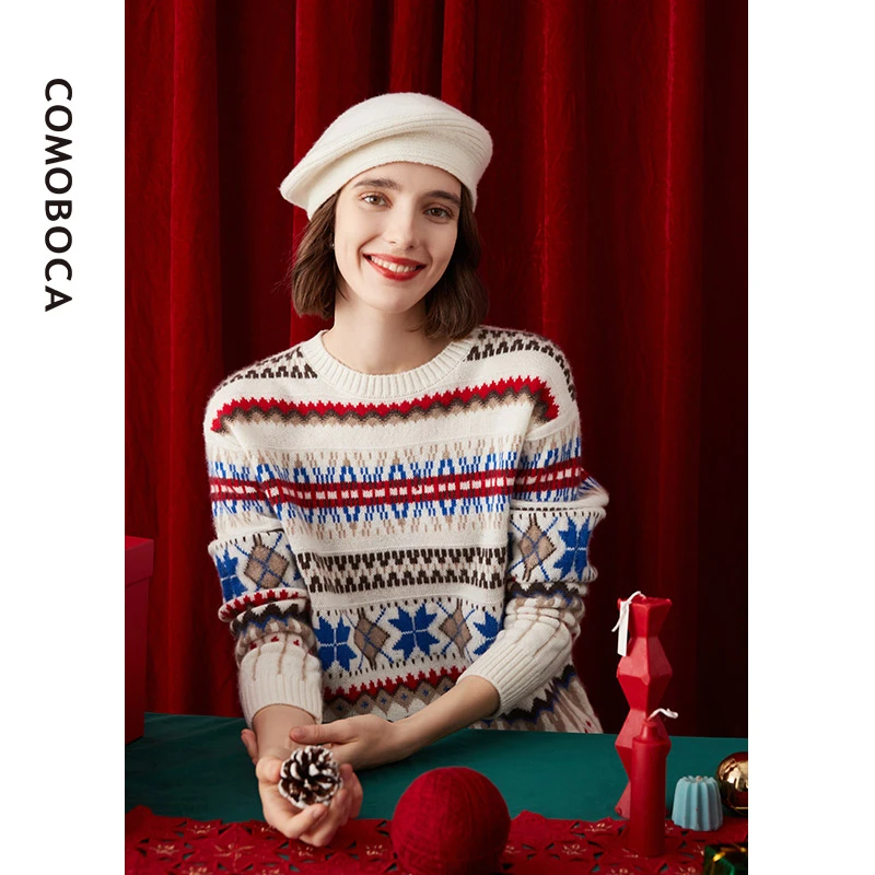 COMOBOCA/科蒙·博卡复古加厚撞色提花羊绒衫100%纯羊绒女KSQ1426