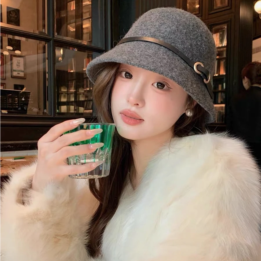 优雅皮带羊毛盆帽女秋冬韩版百搭显脸小毛呢礼帽防寒保暖渔夫帽子