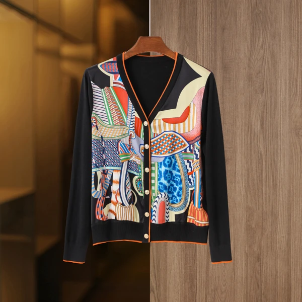 ]新品黑色系列时尚百搭桑蚕丝印花女士休闲长袖开衫外套-205