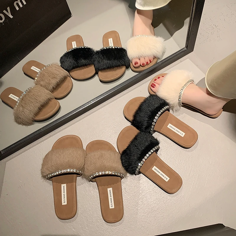 毛毛拖鞋女夏外穿2024年新款韩版仙女风配裙子一字沙滩度假凉拖鞋