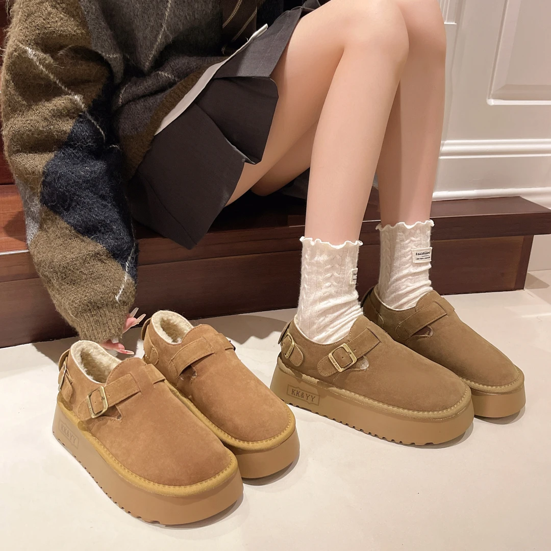 复古勃肯鞋松糕厚底女鞋子2024新款秋季一脚蹬乐福鞋丑萌加绒棉鞋