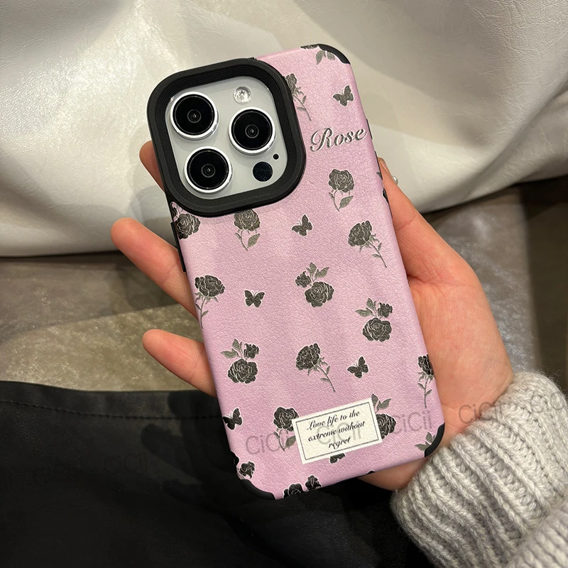 CiCii紫色黑玫瑰ins苹果14pro手机壳15皮质15pro适用iPhone13皮纹