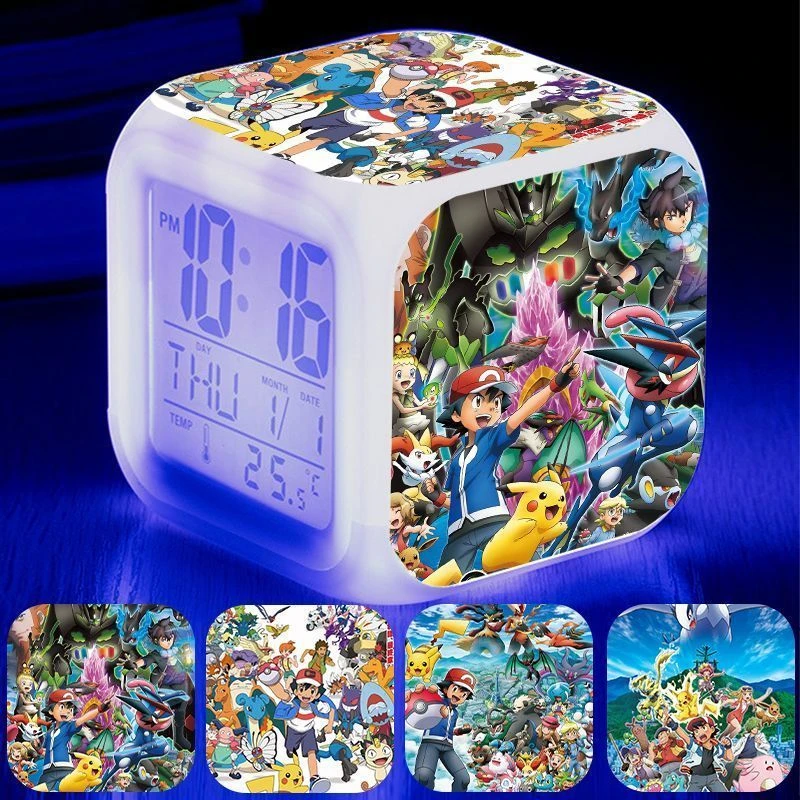 精灵宝可梦时钟智能闹钟精灵宝新款儿童学生七彩发光闹钟小夜灯