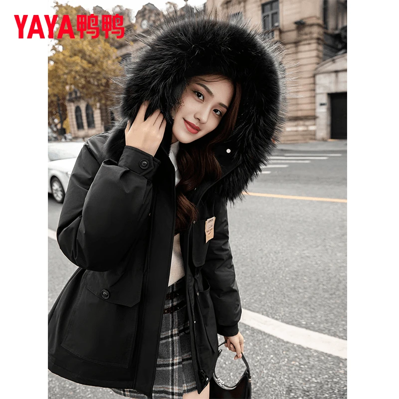 YAYA/鸭鸭新款时尚连帽羽绒服外套冬季保暖女装宽松YE3B631715L