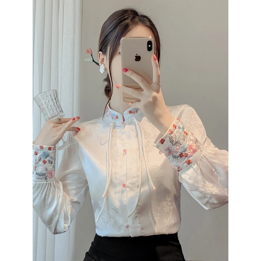 新中式流苏绣花立领打底衬衫女早秋新款轻国风小衫搭配马面裙上衣