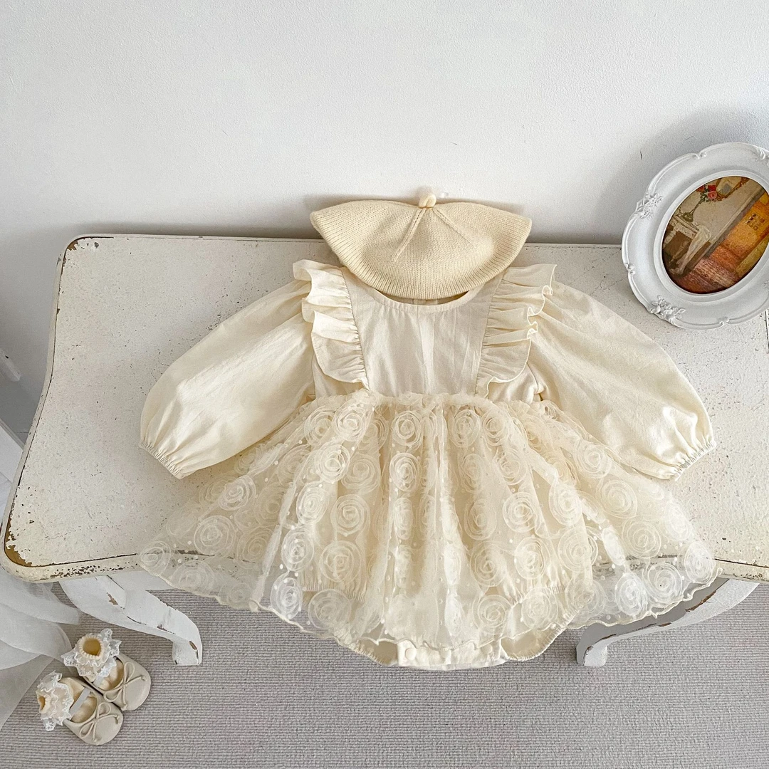 2024春秋甜美公主网纱花朵包屁衣女宝宝周岁宴百天拍照哈衣裙爬服