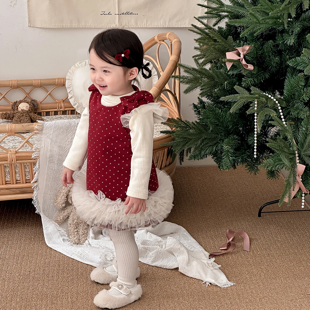 女宝宝冬装背心裙2024新款婴幼儿洋气波点拜年服女童周岁生日礼服