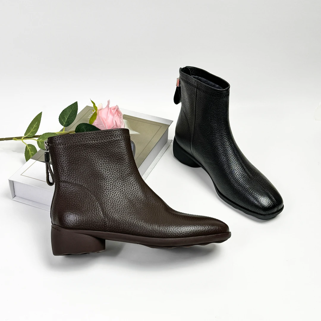 3CM低跟秋冬短靴时装靴时尚百搭真皮粗跟加绒方头冬季简约休闲