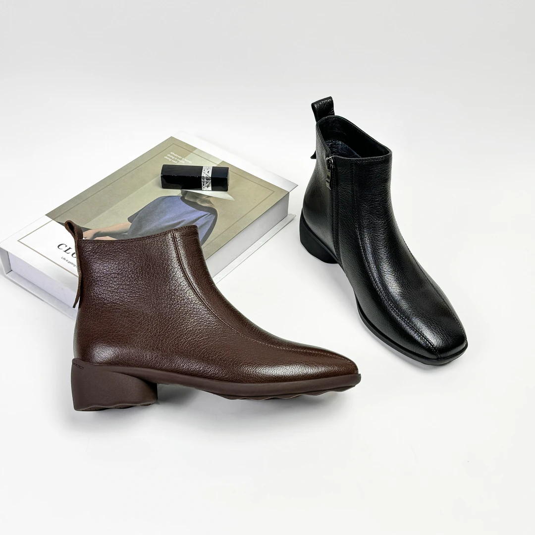 3CM低跟秋冬时装靴时尚休闲百搭真皮复古粗跟潮流英伦风方头舒适