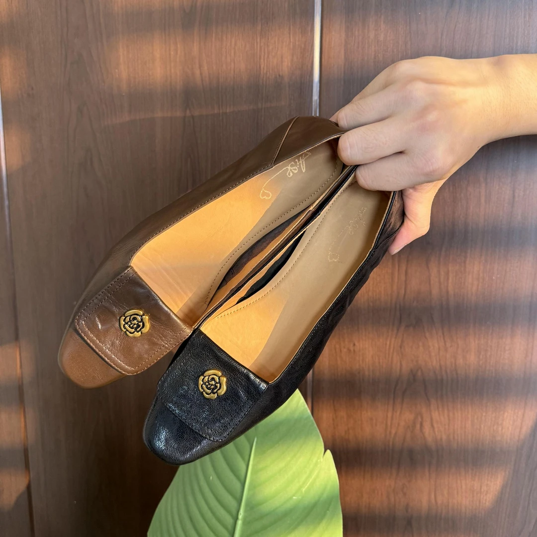 低跟真皮单鞋尖头平底鞋时尚时尚夏季百搭休闲平跟浅口方头软底