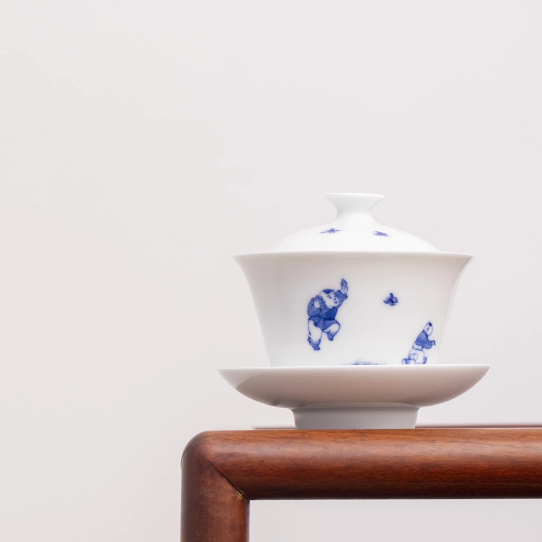 自慢堂-如意奉杯婴戏扑蝶-拾金-茶具陶瓷中式手工