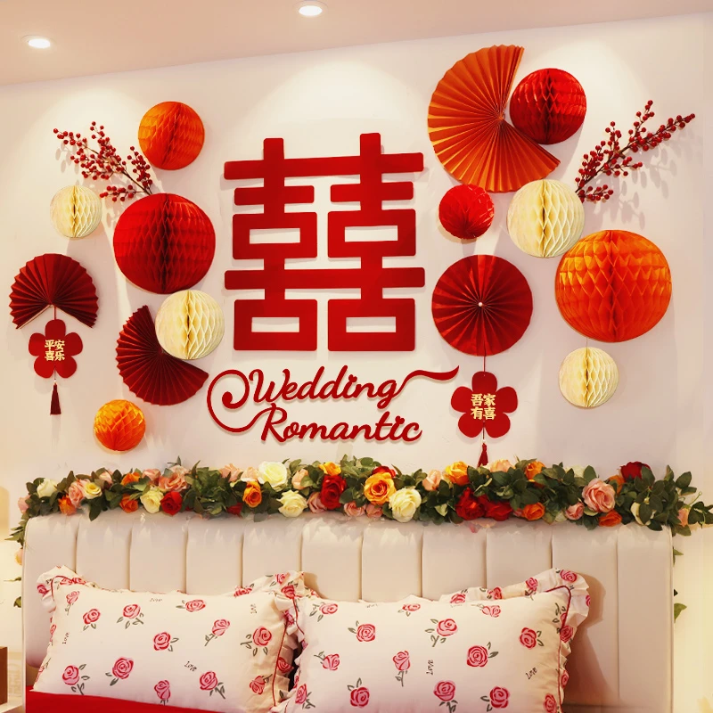 婚房布置男方女方卧室套装蜂窝球立柱结婚灯笼新房拉花客厅背景墙