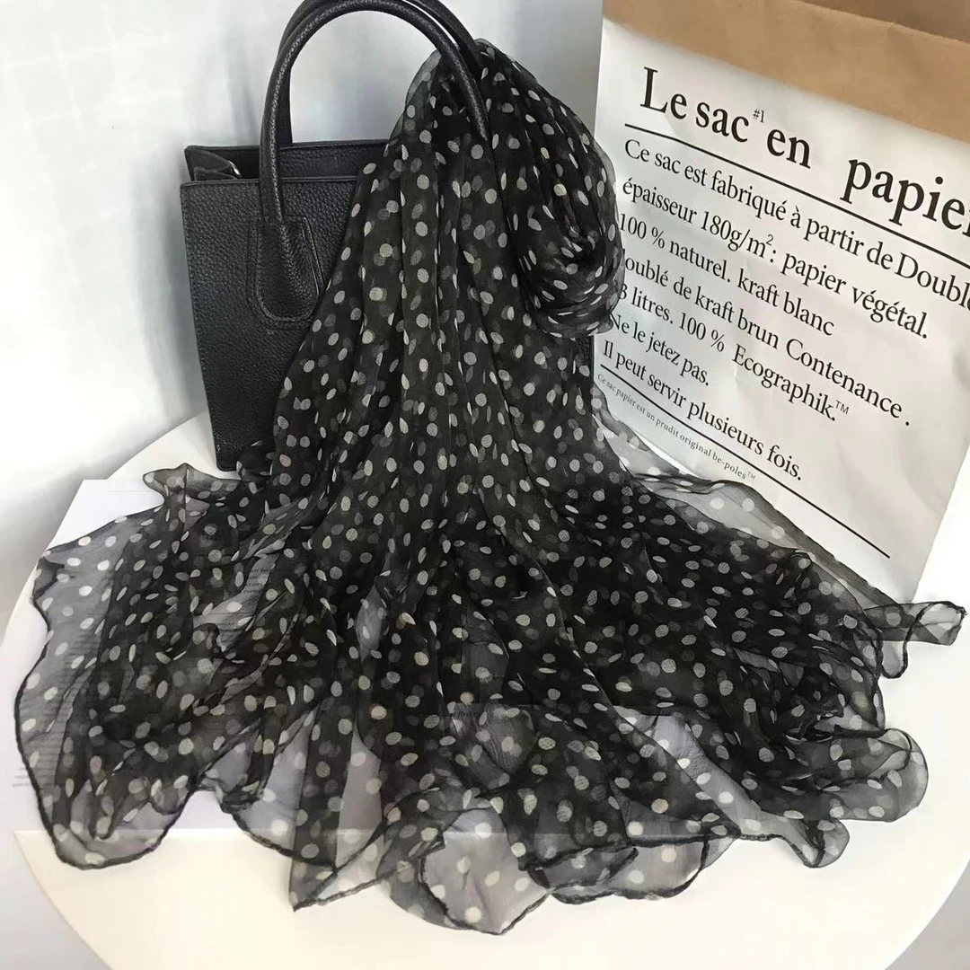 薄款黑白波点夏季真丝纱巾点点真丝丝巾长方形杭州桑蚕丝围巾女