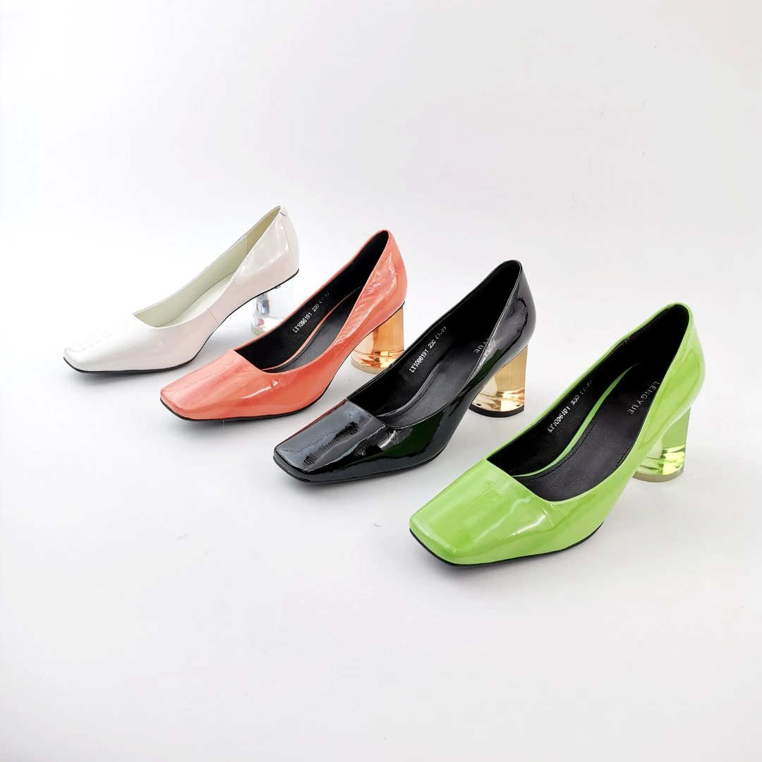 秋季女鞋新款方头简约百搭奶奶鞋浅口粗跟中跟单鞋1096191