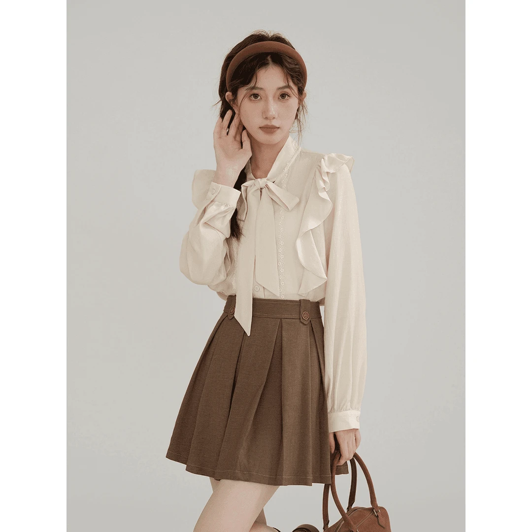 长袖衬衫女2024春新款蝴蝶结系带荷叶边法式温柔气质上衣1112