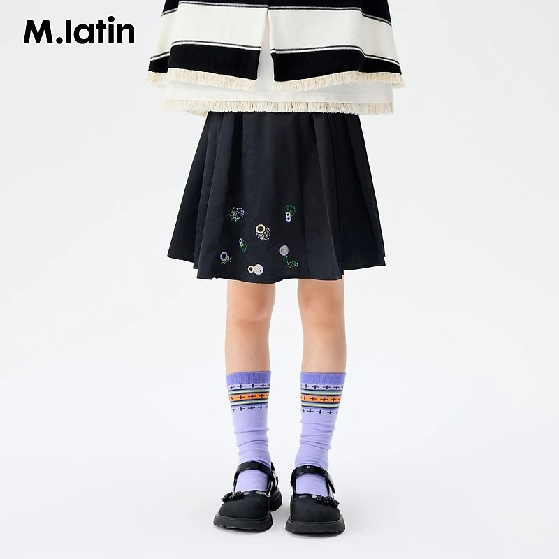 【浮光百褶短裙】马拉丁童装半身裙秋款女大童绣花缎面百褶裙