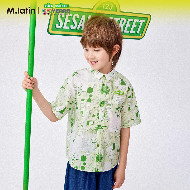 马拉丁童装儿童衬衫夏装款男童大童芝麻街联名印花透气衬衫