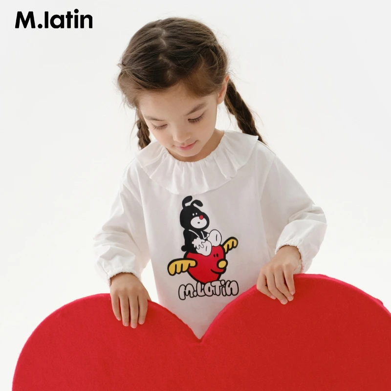 马拉丁童装儿童T恤2025春装新款女小童趣味印花荷叶翻边领长袖T恤