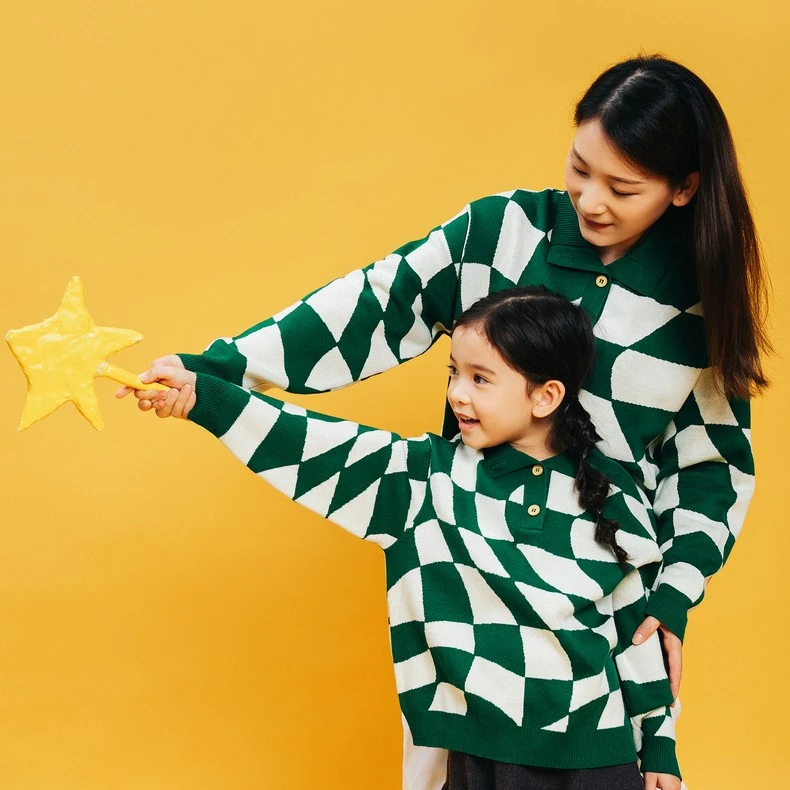 【亲子装】马拉丁22冬针织衫复古棋盘格撞色设计毛衣套头宽松儿童