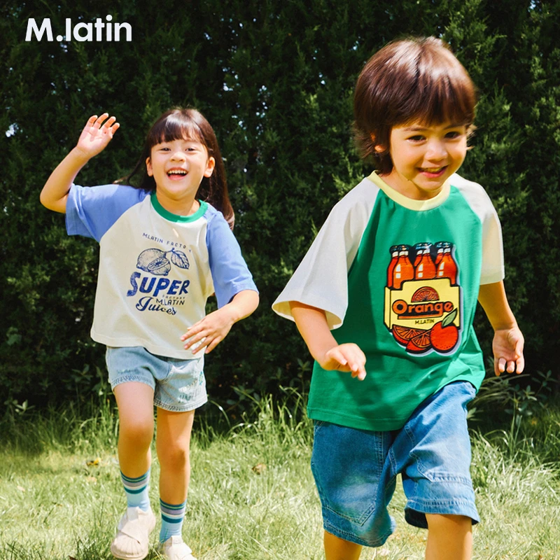 马拉丁2023年夏季新款男女童趣味印花休闲短袖儿童撞色插肩袖T恤