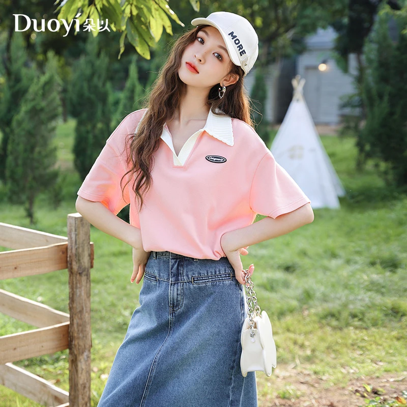 朵以2023夏季新款韩版时尚百搭撞色宽松休闲短款polo衫38VX337018