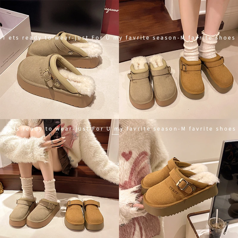 XUZHI煦芝 毛毛鞋外穿勃肯鞋2024新款加绒雪地靴厚底包头拖鞋9228