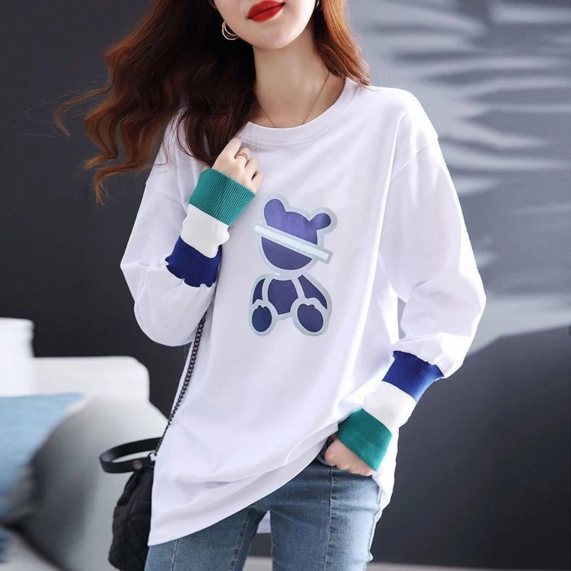 拼接撞袖中长款白色t恤女春秋新款韩版宽松长袖打底衫圆领体恤