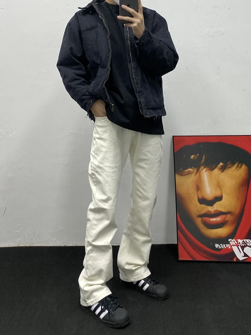 暗夜买手早春弹力直筒微喇美式高街情侣百搭休闲牛仔裤白色牛仔裤