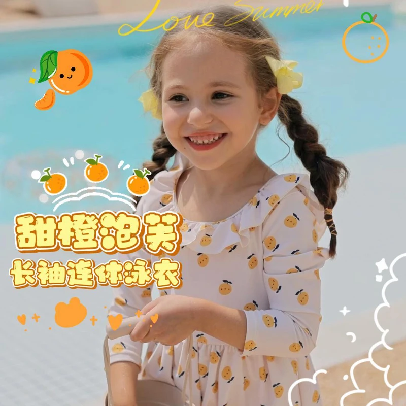 儿童泳衣女孩洋气连体小橙子游泳衣防晒长袖速干网红女童宝宝泳装