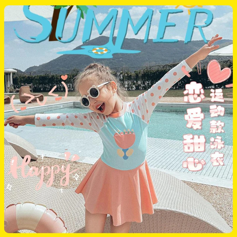 儿童泳衣中小童女孩宝宝游泳衣长袖2023新款女童可爱裙式连体泳装