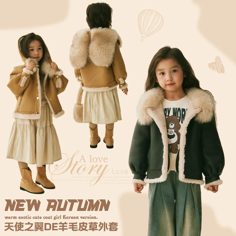 女童大衣外套冬季狐狸毛领披肩天使之翼翅膀保暖可爱100绵羊毛
