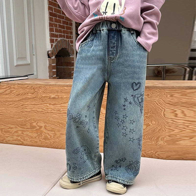 韩版刺绣女童牛仔裤春2024新款洋气加绒加厚阔腿裤儿秋装宽松裤子
