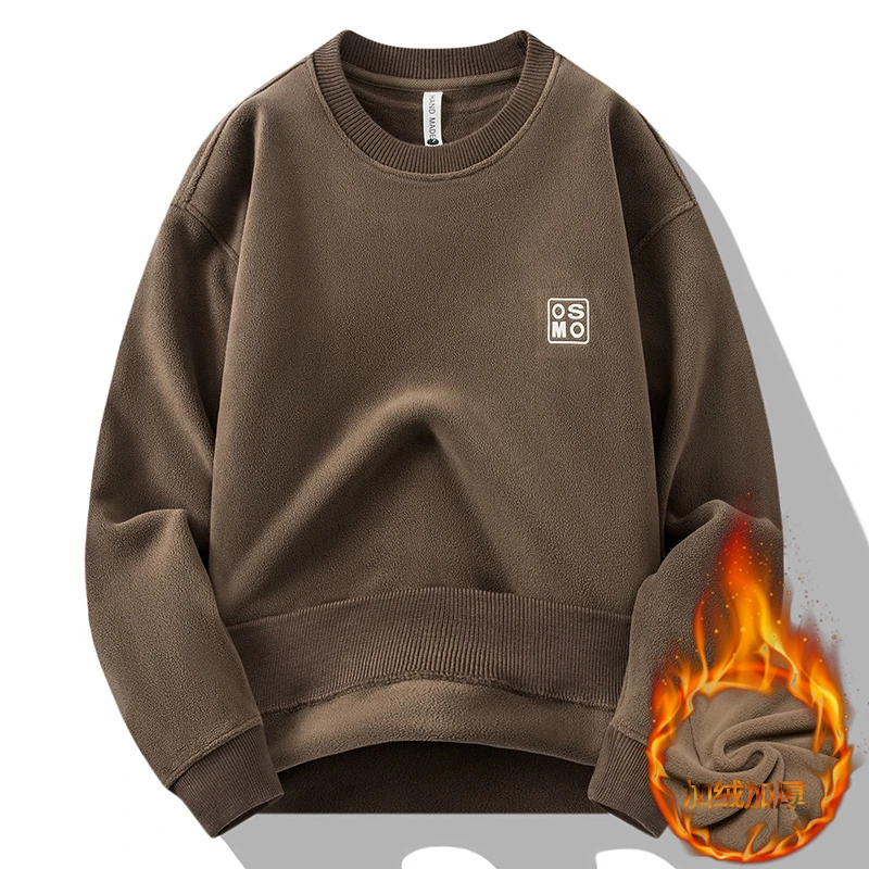 秋冬季加绒加厚双面奥粒绒卫衣宽松百搭套头圆领男士保暖上衣G036