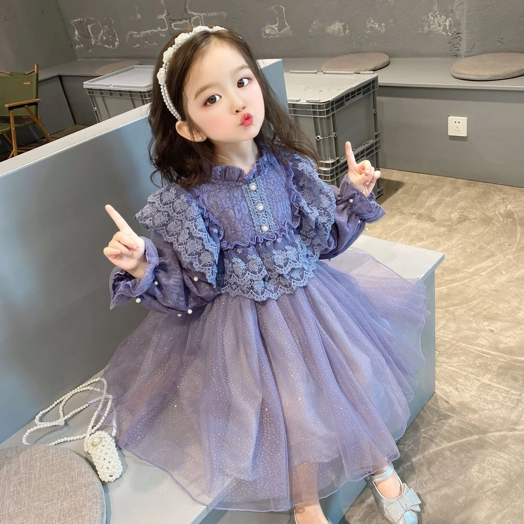 女童秋款蕾丝花边公主裙儿童长袖宝宝韩版秋冬洋气礼服加绒连衣裙