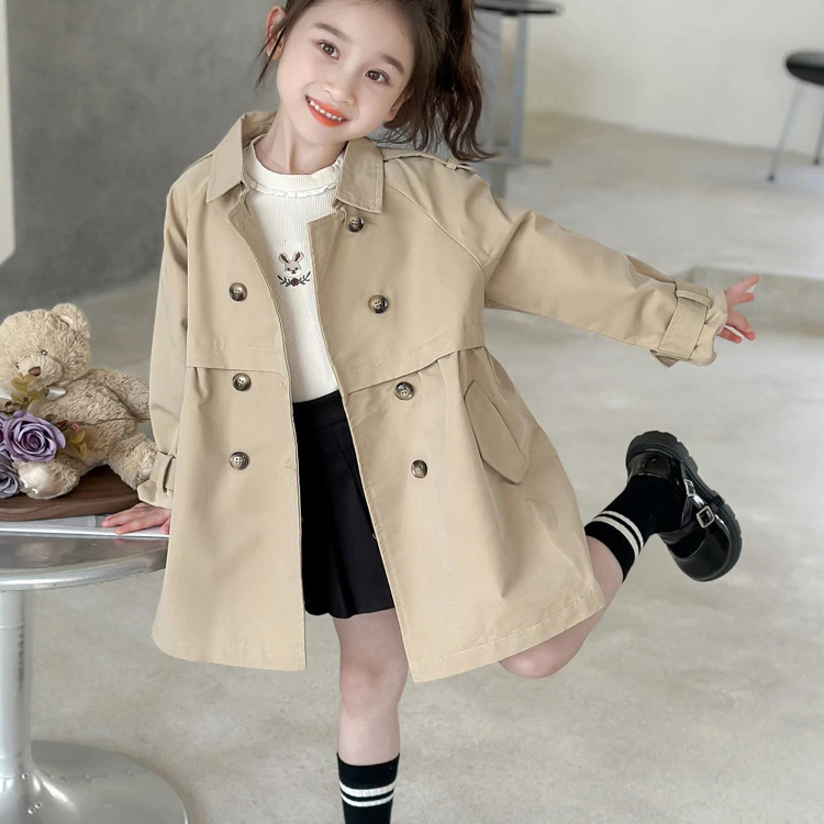 女童春秋装风衣外套新款韩版女宝宝中长款儿童英伦风双排扣大衣