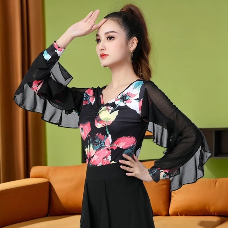 新款广场舞舞蹈服装秋冬长袖印花吉特巴跳舞上衣女练习表演三步踩