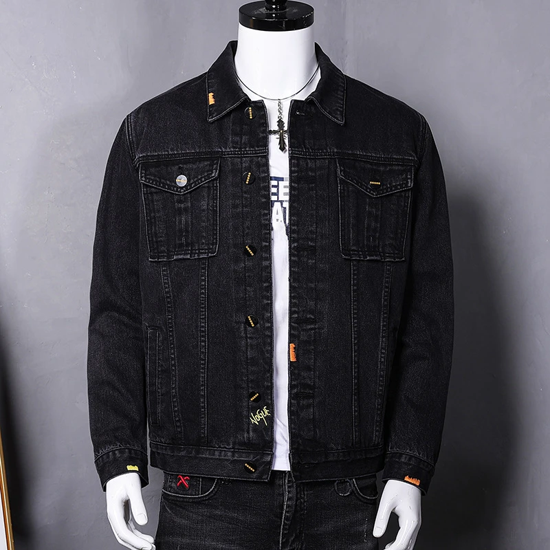 范希巴迪刺绣牛仔外套黑色青年休闲男装高档夹克厚牛仔衣上衣男式