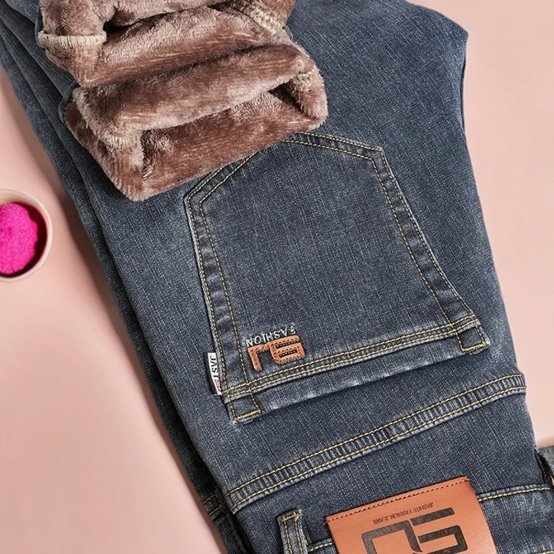 范希巴迪新款高档加绒牛仔裤男秋冬款男士冬季加厚男士网红牛仔裤