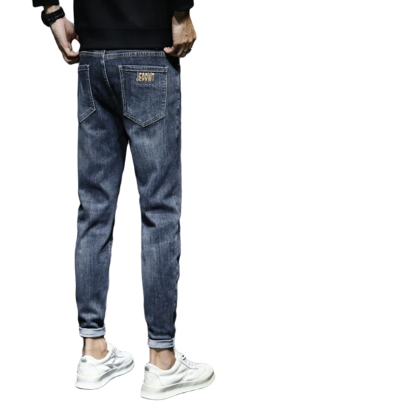 范希巴迪男士牛仔裤春秋新款潮牌复古修身小脚弹力九分休闲长裤子