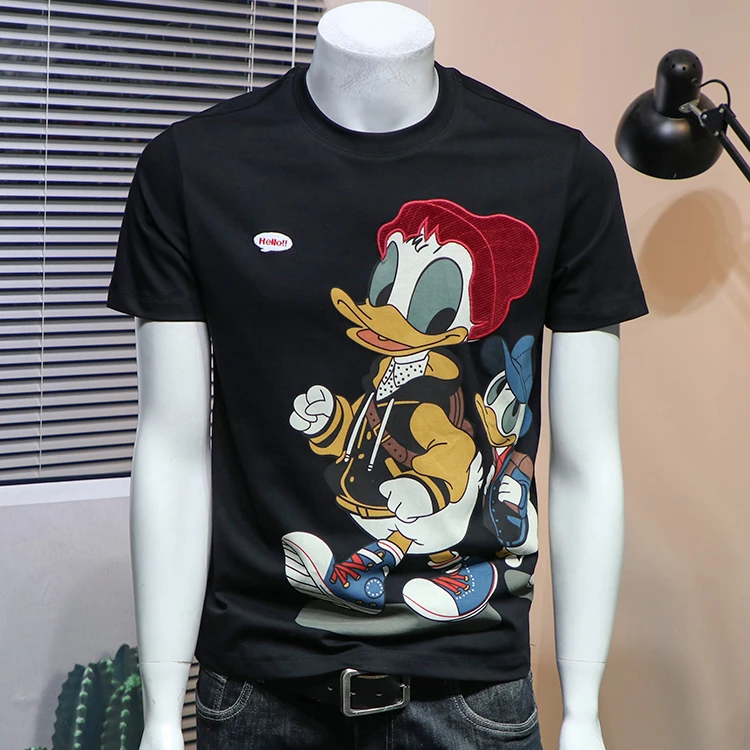 范希巴迪夏季新款短袖T恤男圆领卡通潮流唐老鸭黑色修身男士休闲
