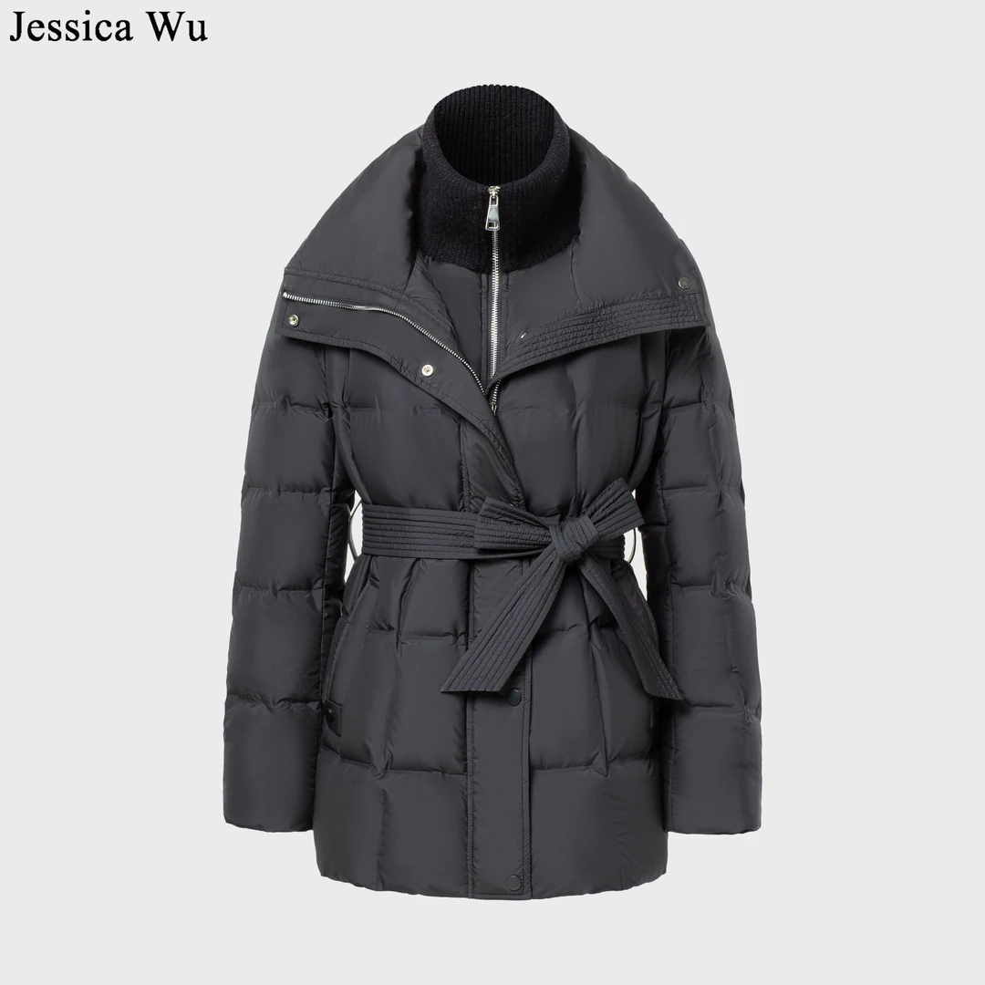 旦旦秋冬经典款系列百搭显瘦超轻保暖腰带款中长款白鹅绒羽绒服