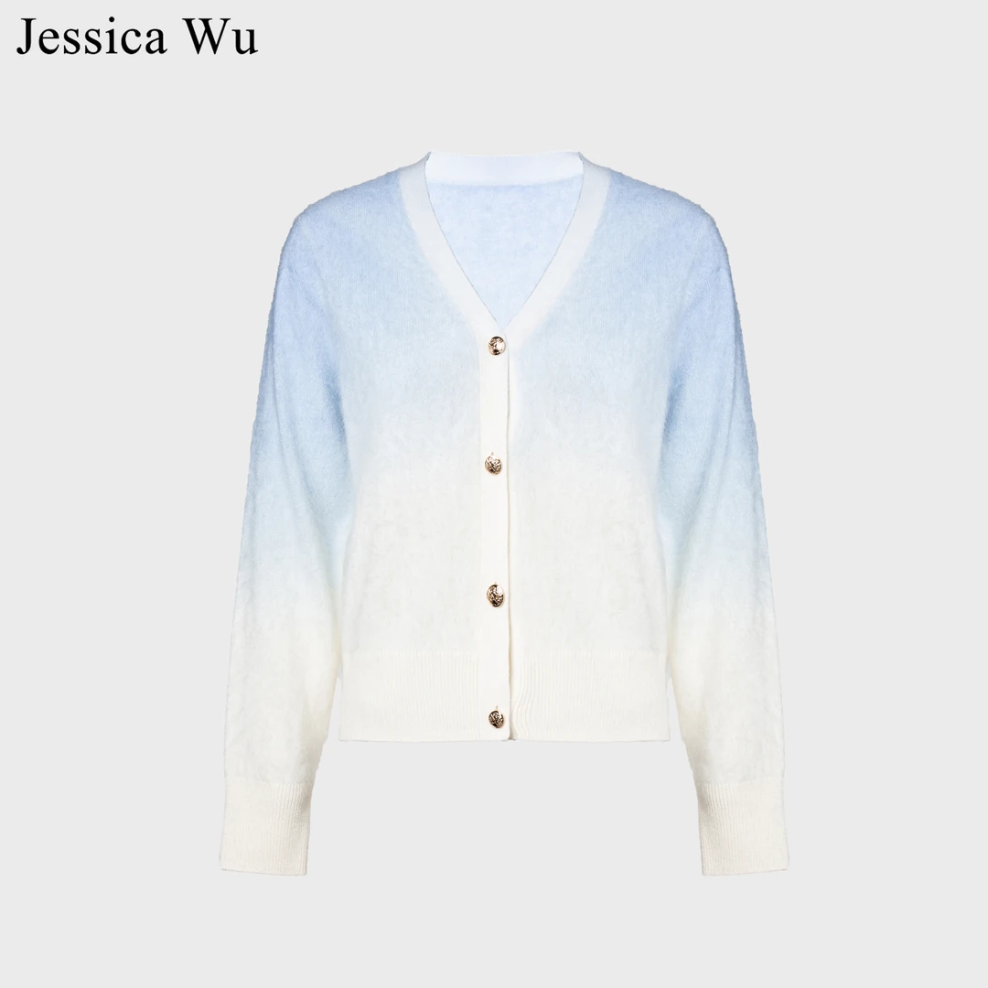 旦旦秋冬艺术感淡蓝色渐变色软糯亲肤全羊绒拉绒开衫LT04011