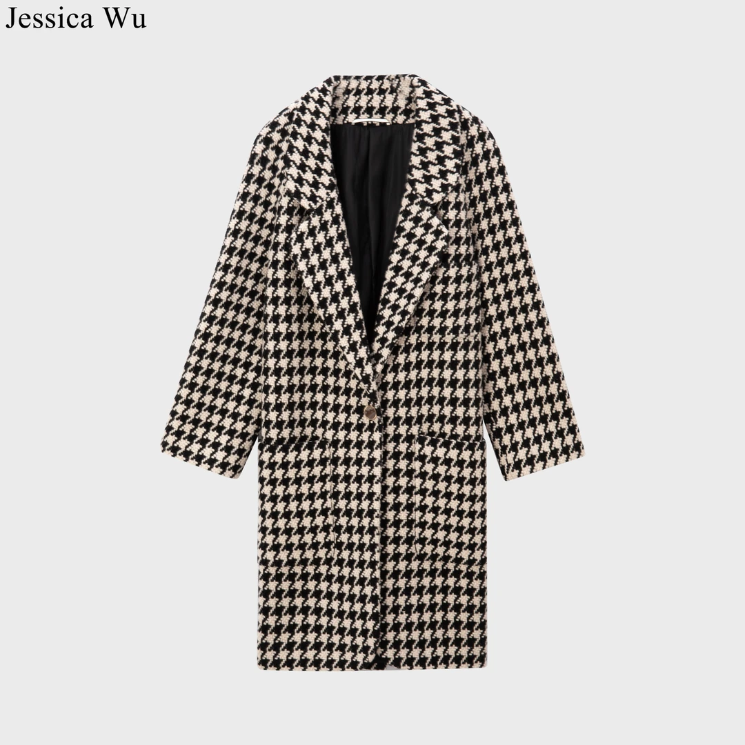 JESSICA WU财阀千金既视感!进口订制面料千鸟格大衣外套LL08051