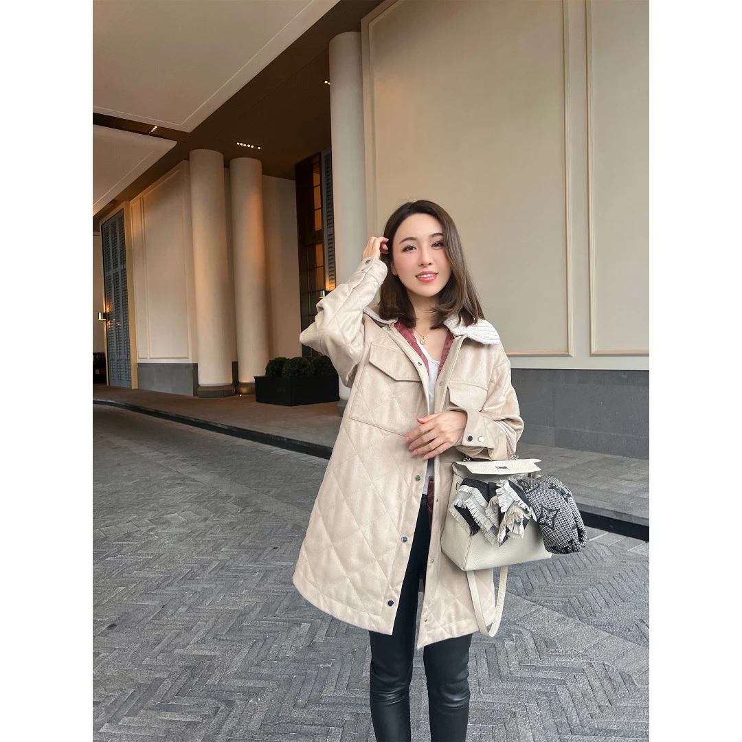 旦旦秋冬LP风米色系菱格排扣中长简约薄款棉服SL07009
