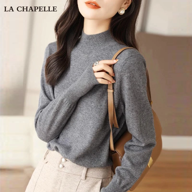 拉夏贝尔秋冬季修身套头时尚气质灰色毛衣长袖加厚半高领针织衫女