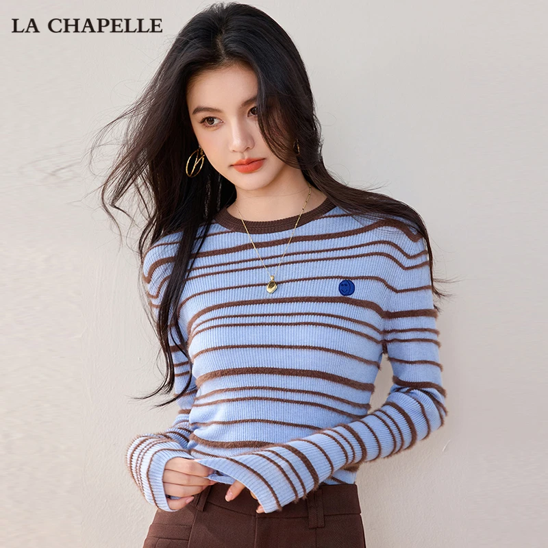 拉夏贝尔时尚洋气条纹针织长袖女秋冬季2024新款圆领套头短款上衣