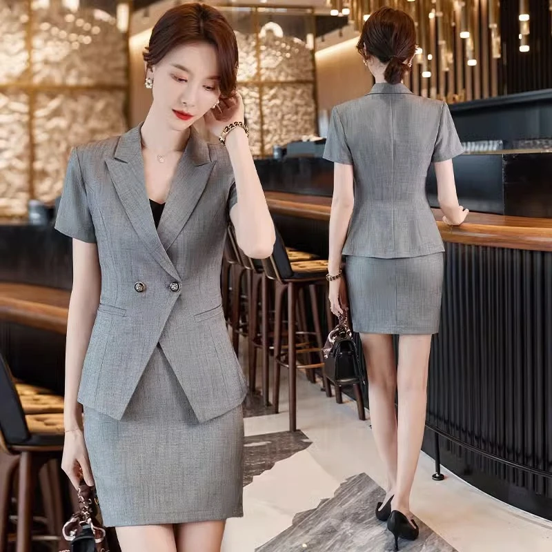 灰色职业西装套装女夏季短袖酒店前台接待收银正装空姐套裙工作服