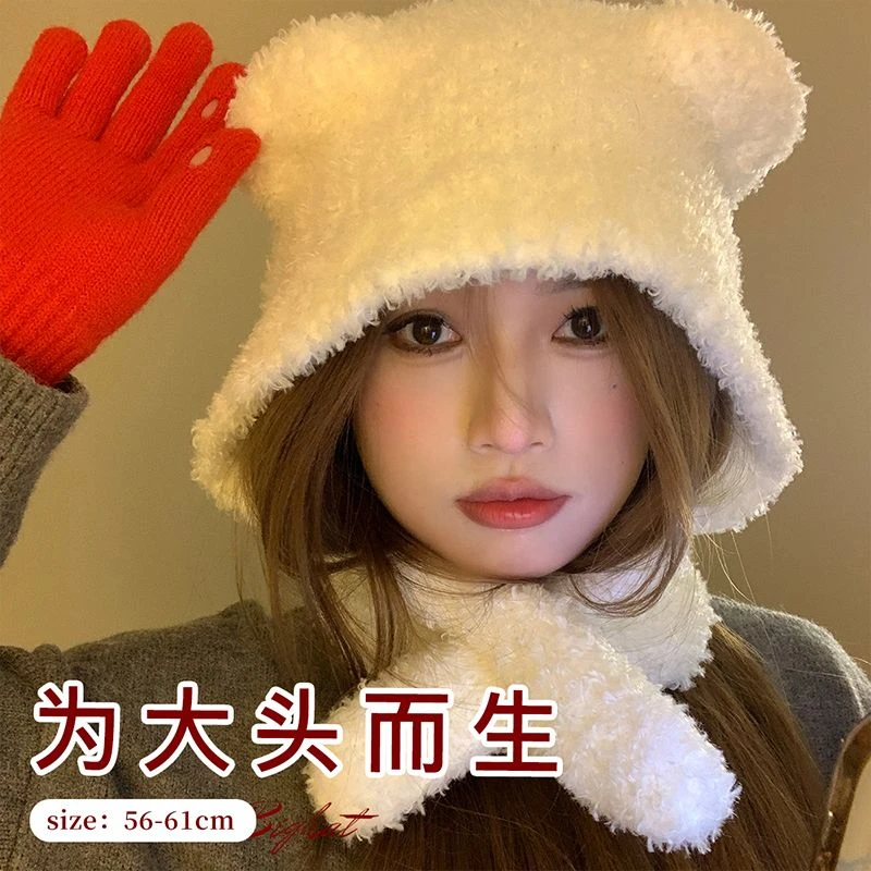 小熊帽子可爱毛绒帽女耳朵加厚小辫子大头围帽子2024秋冬季毛绒帽