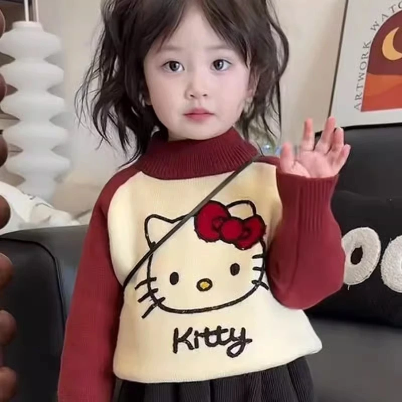 女宝宝毛衣秋冬季2024新款儿童加厚洋气kt猫撞色针织打底衫上衣潮