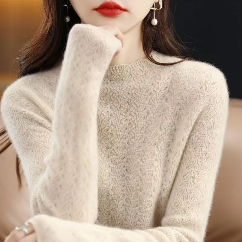 鄂家高端秋冬新款纯羊绒半高领花边镂空羊绒衫女百搭-3